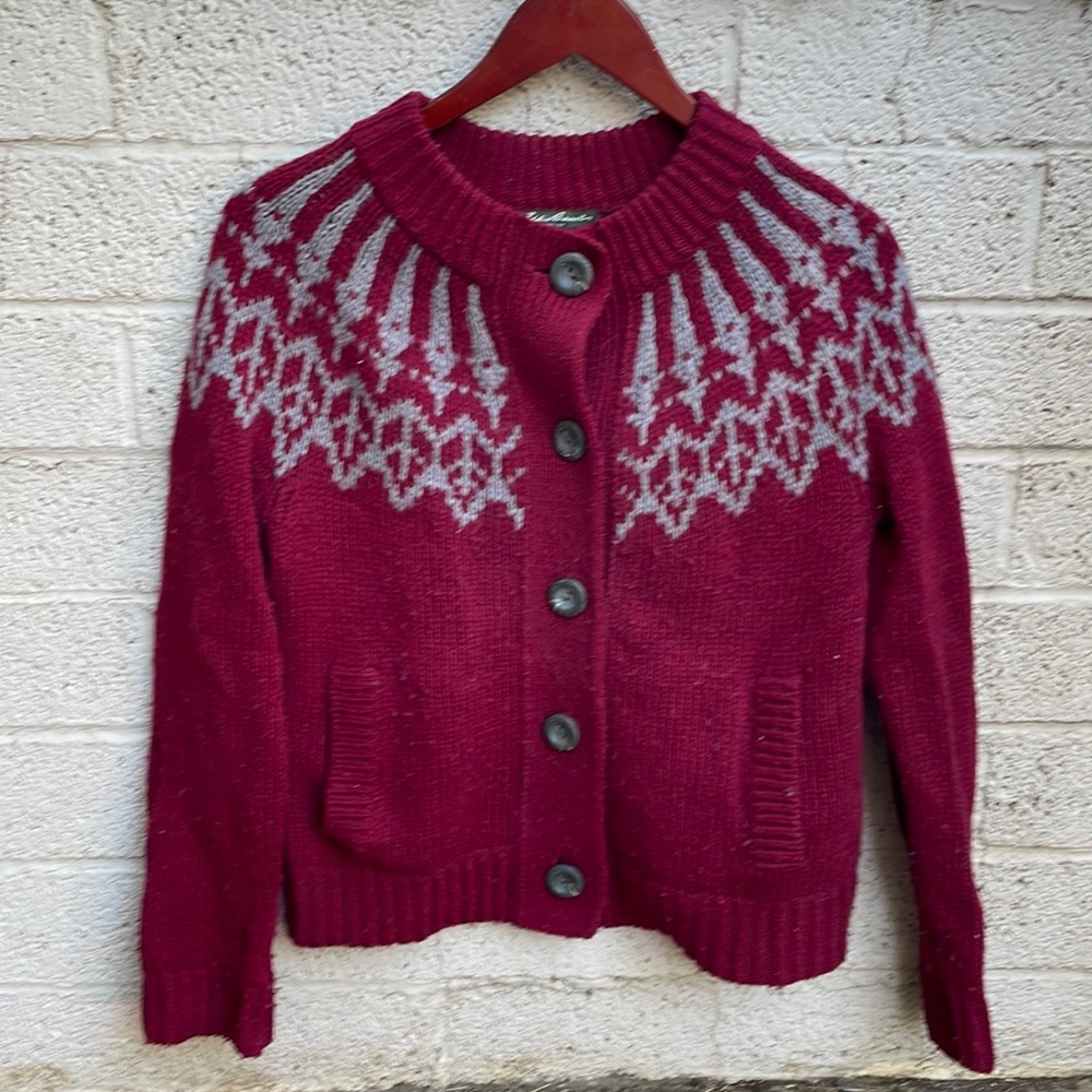Eddie Bauer Maroon and Gray Wool Cardigan
